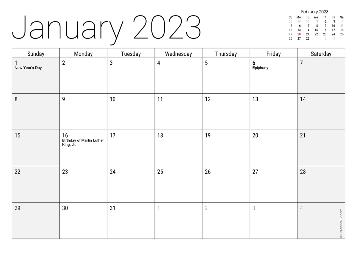 January - December 2023 - January 2023 Sunday Monday Tuesday Wednesday ...