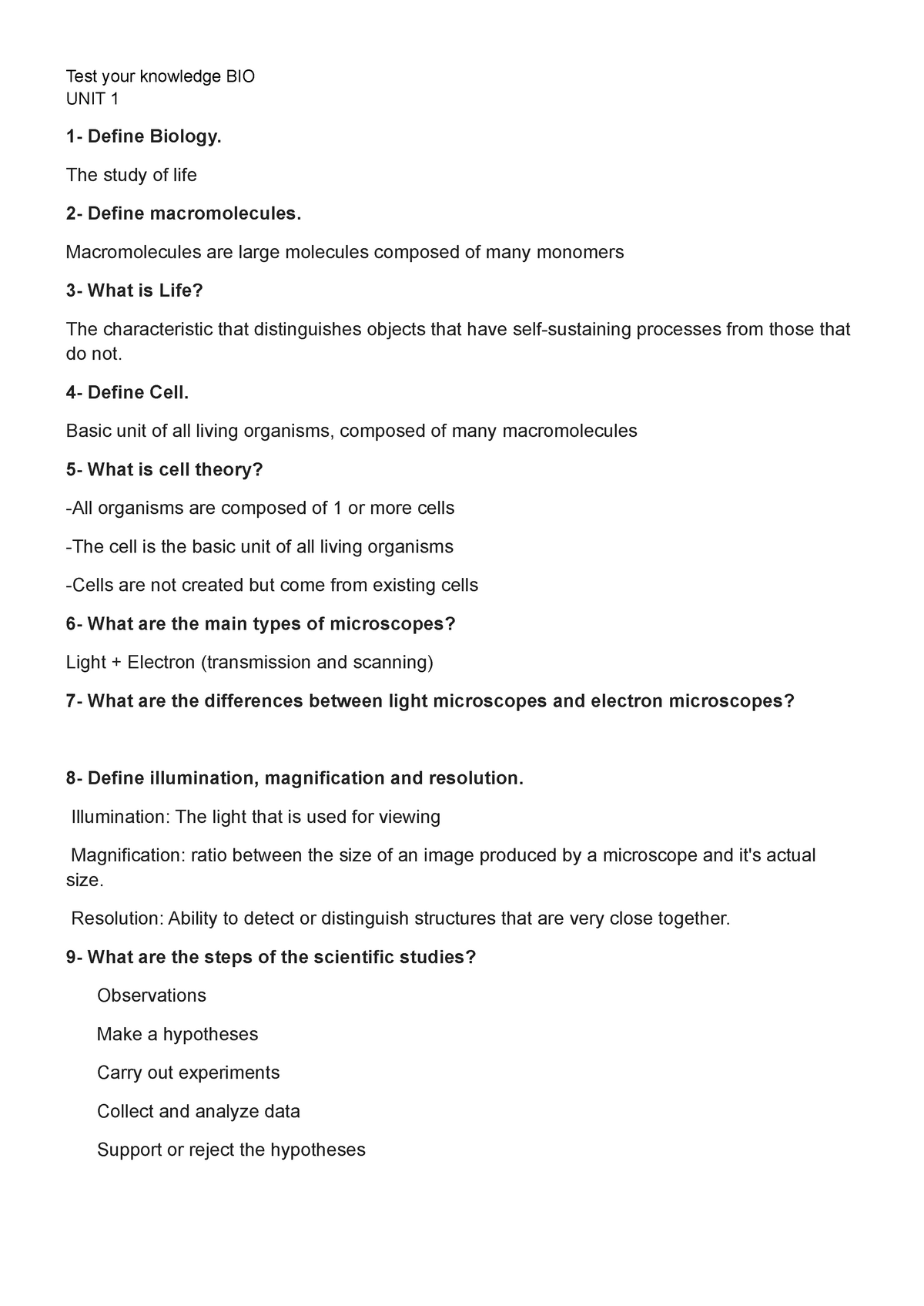 BIOLOGY 121 Unit 1 Test Your Knowledge - Test Your Knowledge BIO UNIT 1 ...