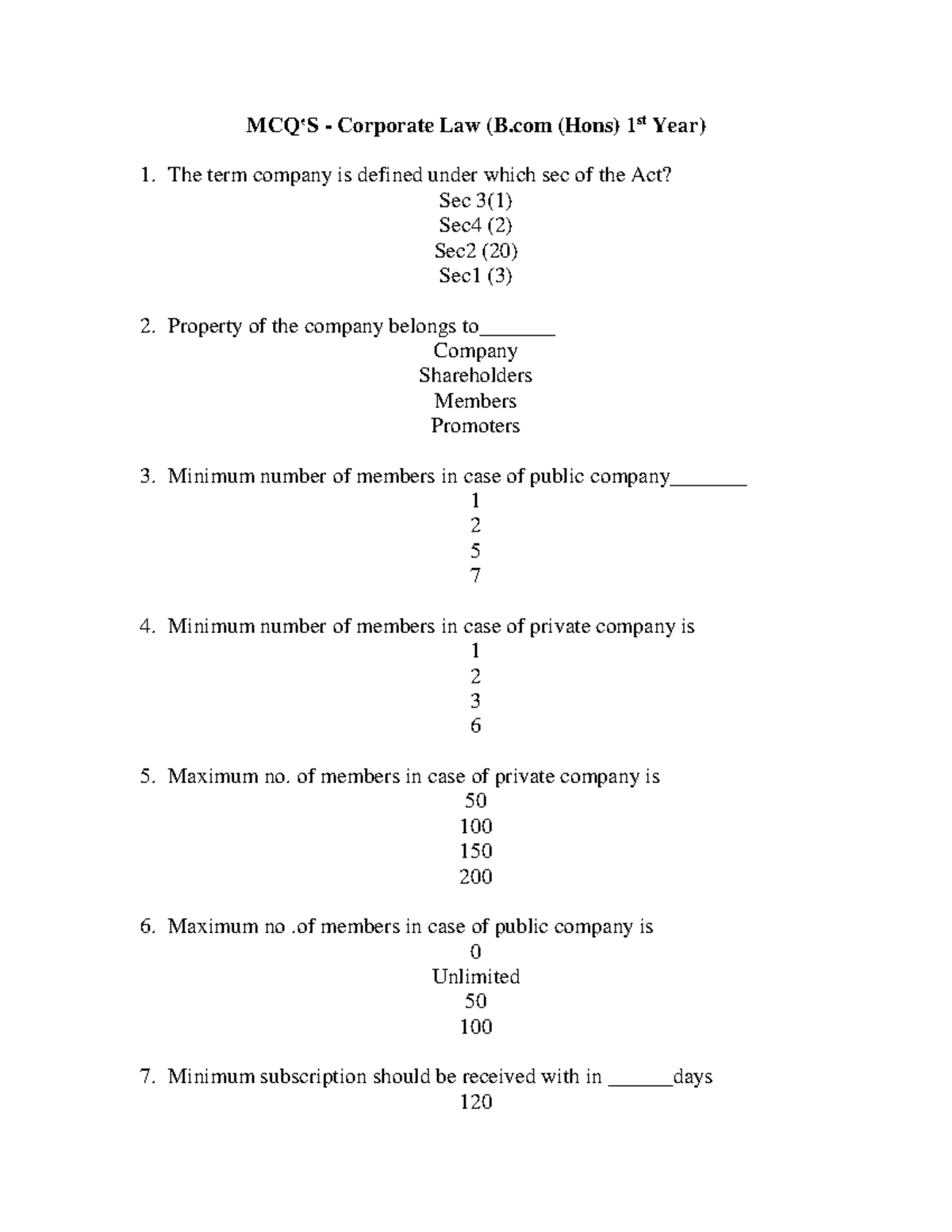 Mcq On Company Law - 1 - Law\ - Bennett University - Studocu