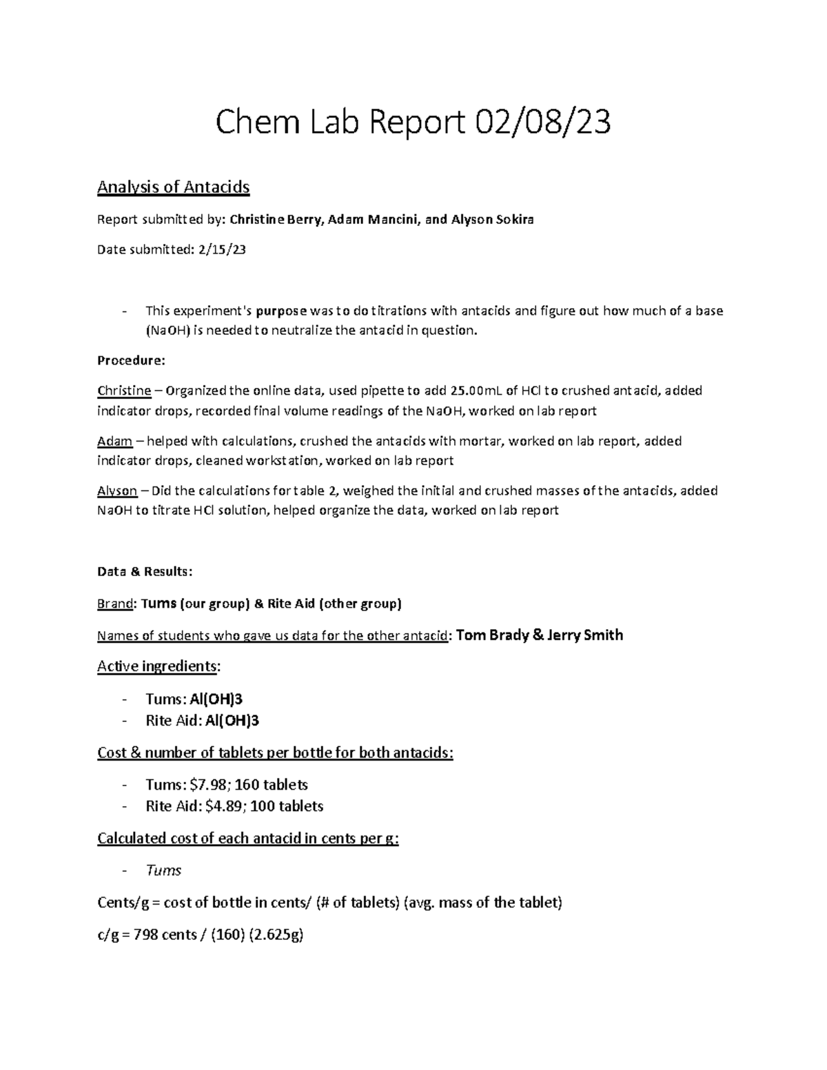 Analysis of Antacids Lab Report 02-08-23 - Chem Lab Report 02/08 ...