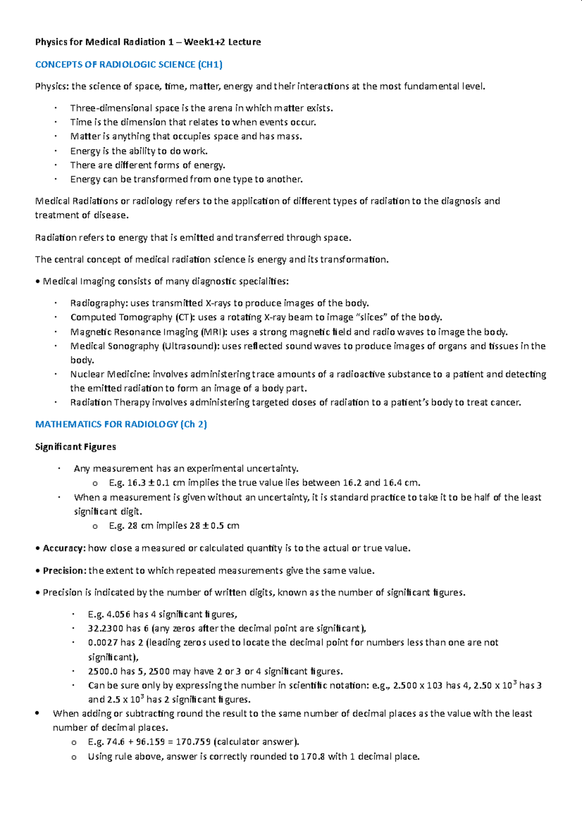 Physics Lecture Notes Physics for Medical Radiation 1 Week1+2