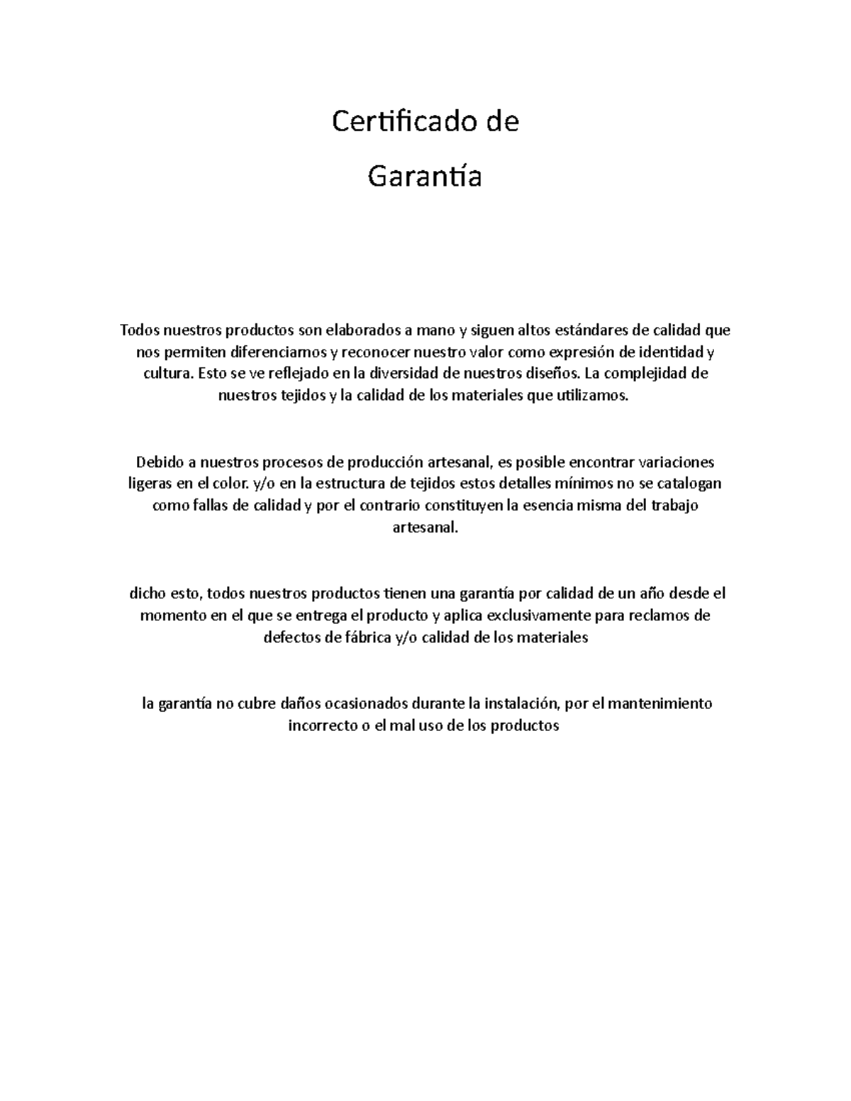 Certificado de garantia Certificado de Garantía Todos nuestros