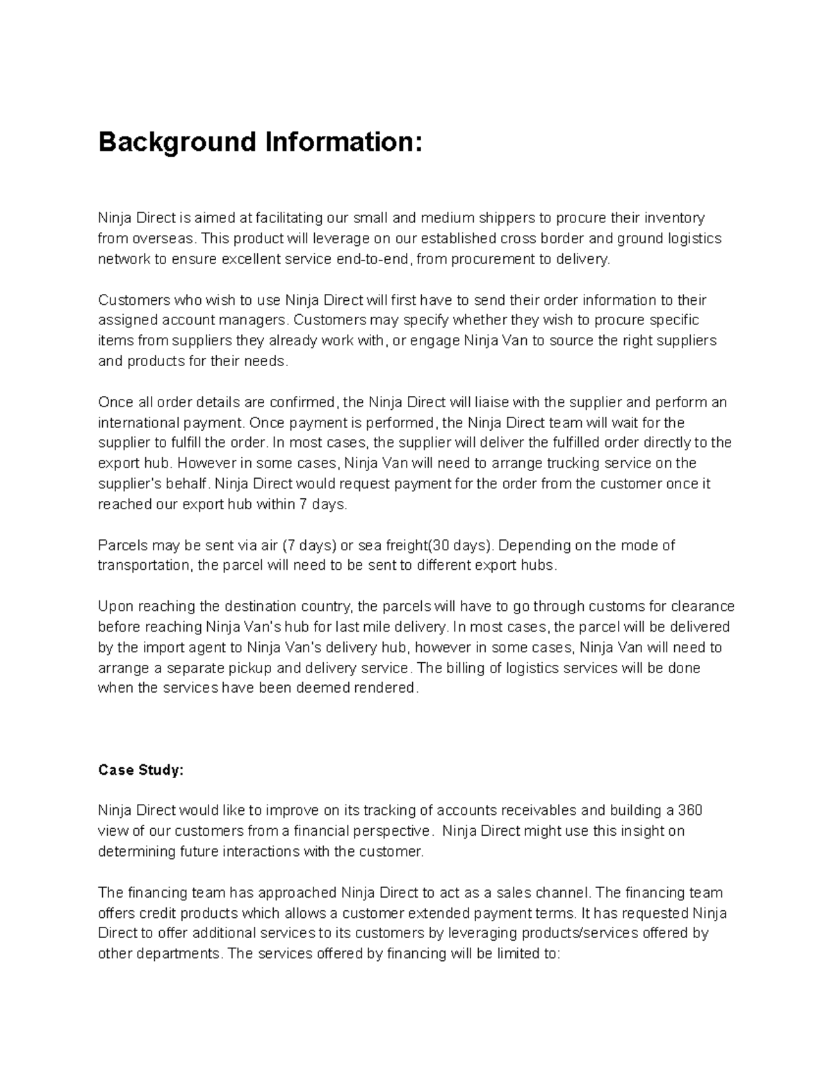 Case Study - Regional Process Manager - Background Information: Ninja ...