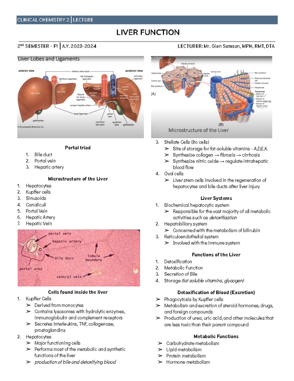 CC 2 Notes - LIVER FUNCTION 2 ND SEMESTER - P1 | A. 2023-2024 LECTURER ...