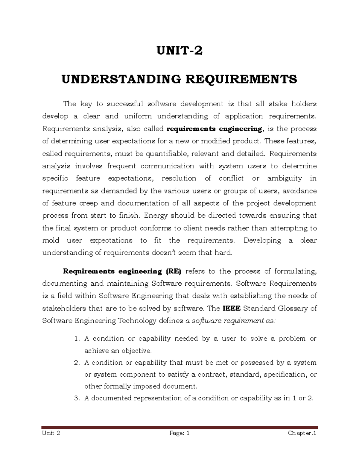 Module 2 Notes Part1 - UNIT- UNDERSTANDING REQUIREMENTS The key to ...