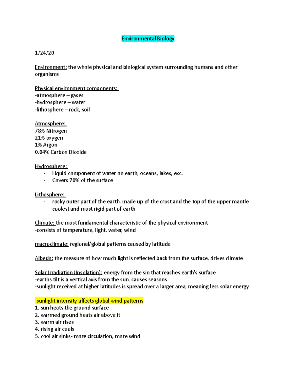 Environmental Biology Notes - Environmental Biology 1/24/ Environment ...