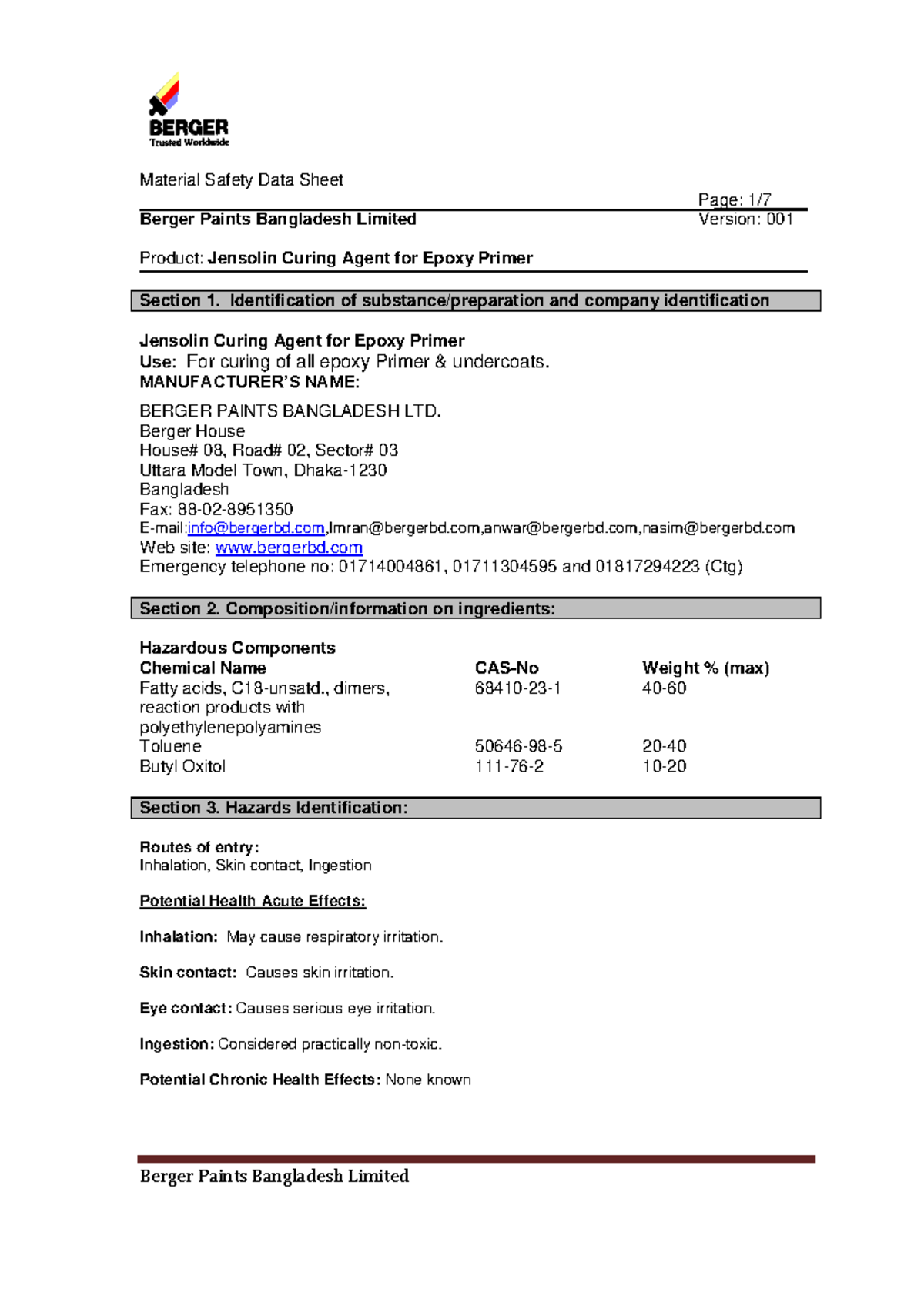 MSDS of Curing agent for Epoxy primer Page 1/ Berger Paints