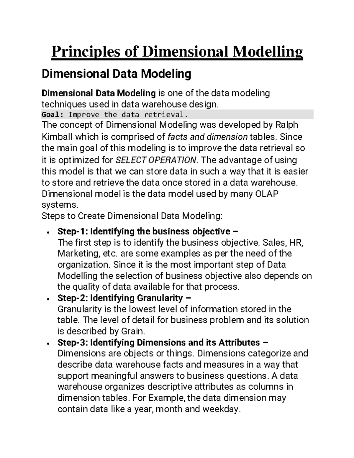 DMBI Unit-2 - Principles of Dimensional Modelling Dimensional Data ...