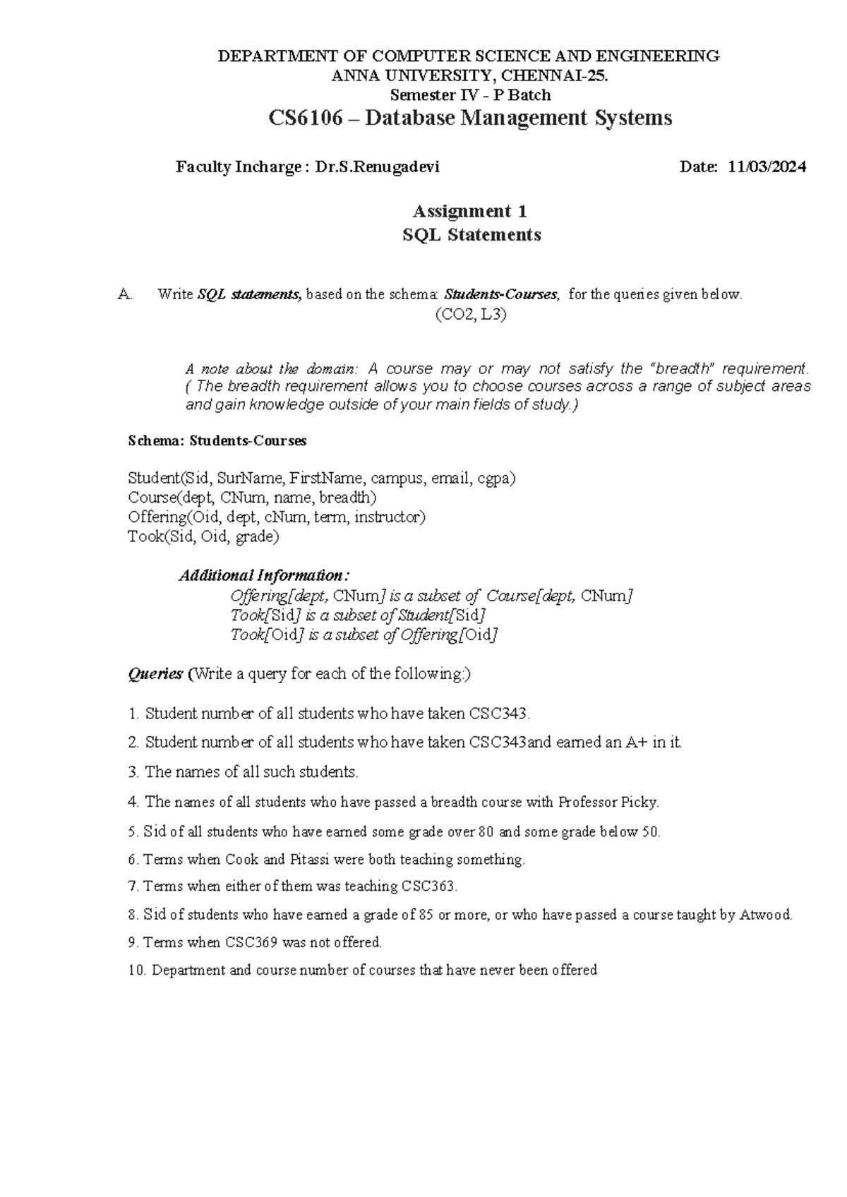 Ex1 - EXERCISE - DEPARTMENT OF COMPUTER SCIENCE AND ENGINEERING ANNA ...
