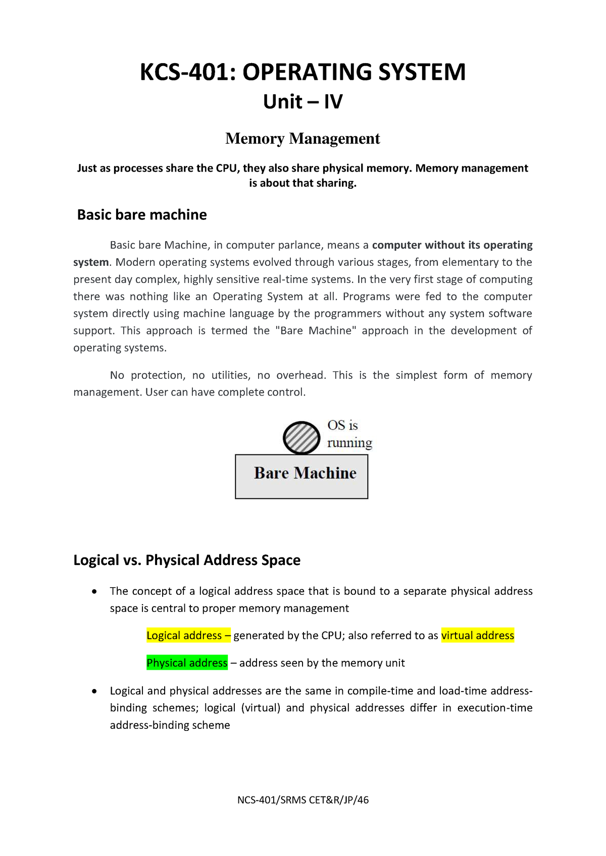 1 OS UNIT IV - Xyz - KCS-401: OPERATING SYSTEM Unit – IV Memory ...