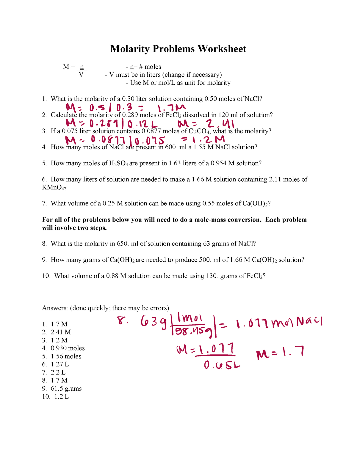 Molarity and dilution worksheets 21 - Molarity Problems Worksheet M Throughout Molarity Worksheet Answer Key