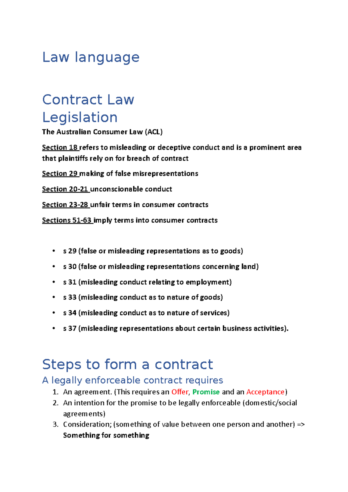 Note for test (contract) Law language Contract Law Legislation The
