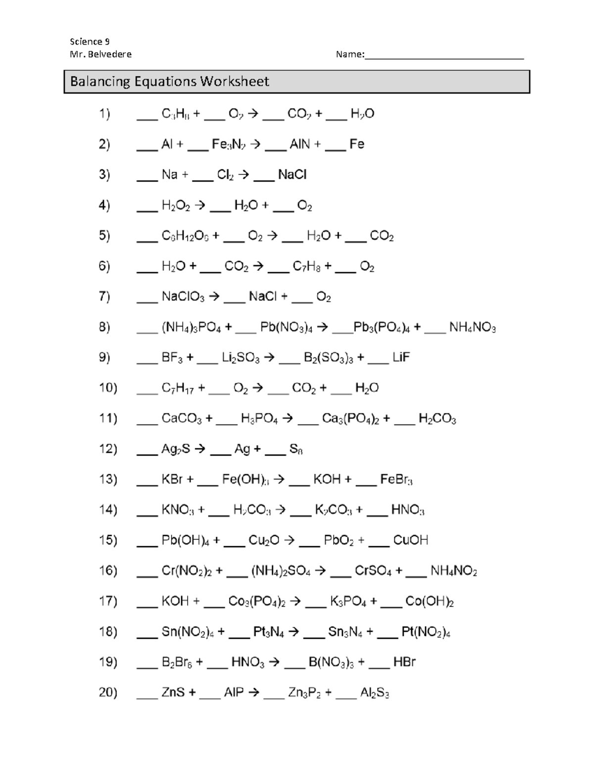 Balancing Chemical Equations Worksheet Part 2 Answer Key