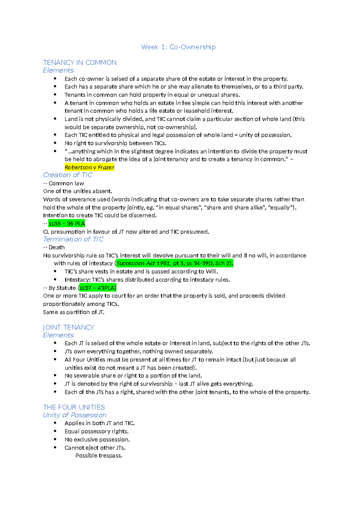 Exam Notes Property Law B - Week 1: Co-Ownership TENANCY IN COMMON ...