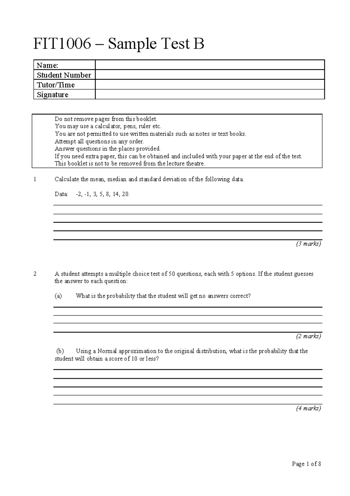 Test B 30 April 2019, Questions - FIT1006 – Sample Test B Name: Student ...