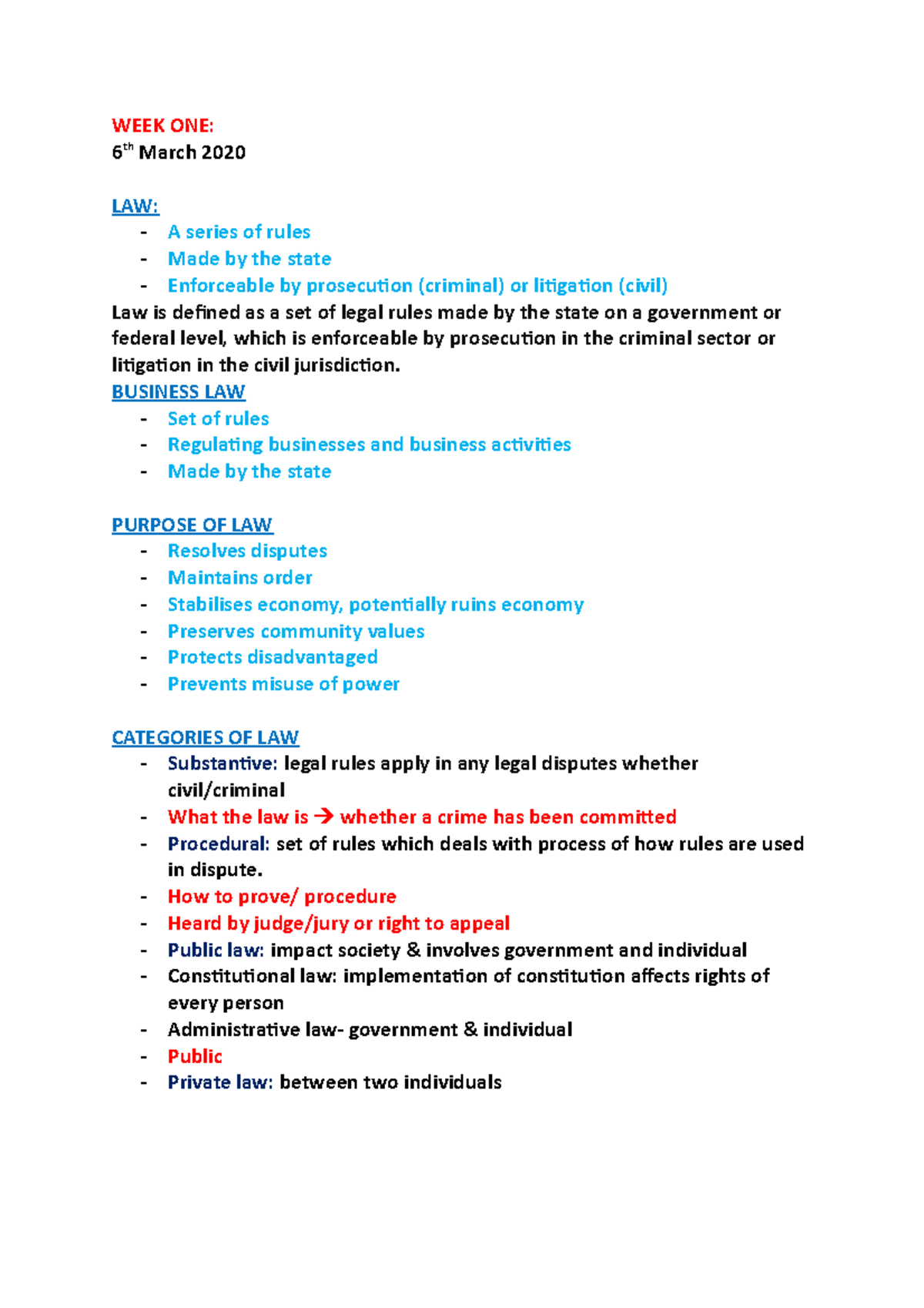 Com law notes - WEEK ONE: 6 th March 2020 LAW: - A series of rules ...