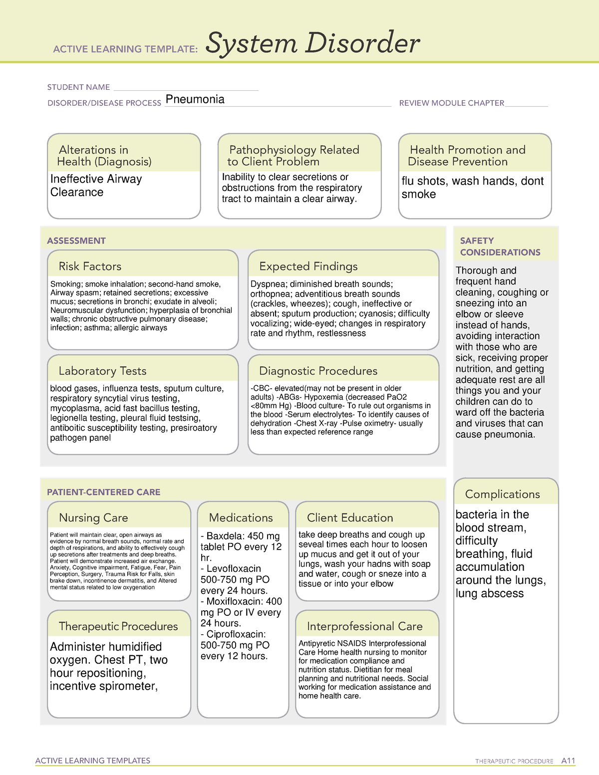 Pneumonia System Disorder Template ACTIVE LEARNING TEMPLATES THERAPEUTIC PROCEDURE A System