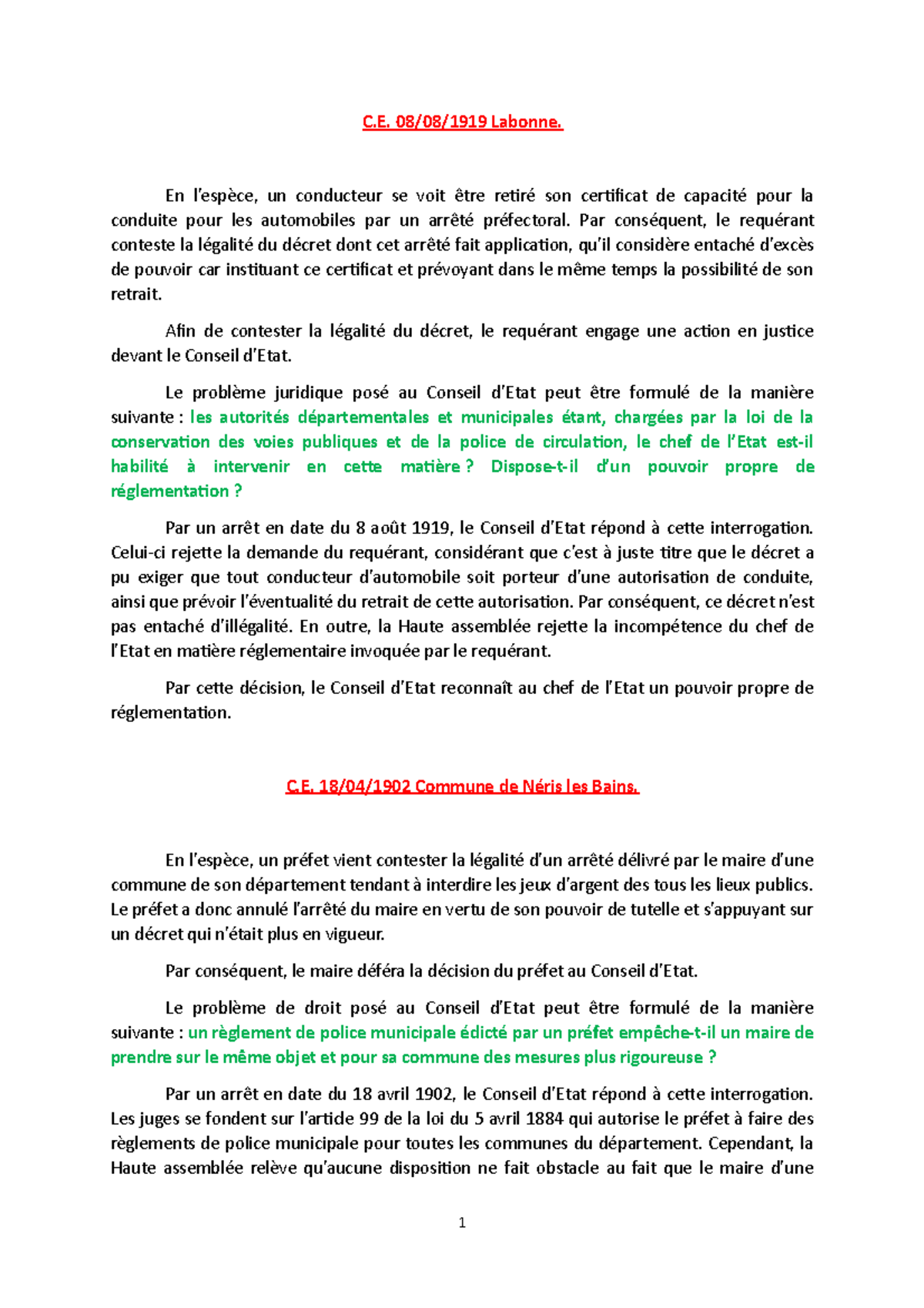 Ce 18 Avril 1902 Commune De Néris Les Bains Séance 3 Fiches de jurisprudence - C. 08/08/1919 Labonne. En l'espèce, un  conducteur se voit être - Studocu