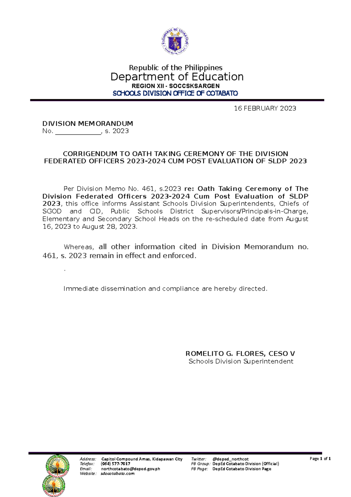 Corrigendum SLDP OATH Taking - Republic of the Philippines Department ...