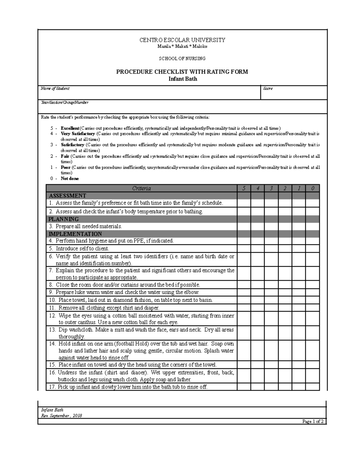 Infant Bath Checklist - N/A - CENTRO ESCOLAR UNIVERSITY Manila * Makati ...