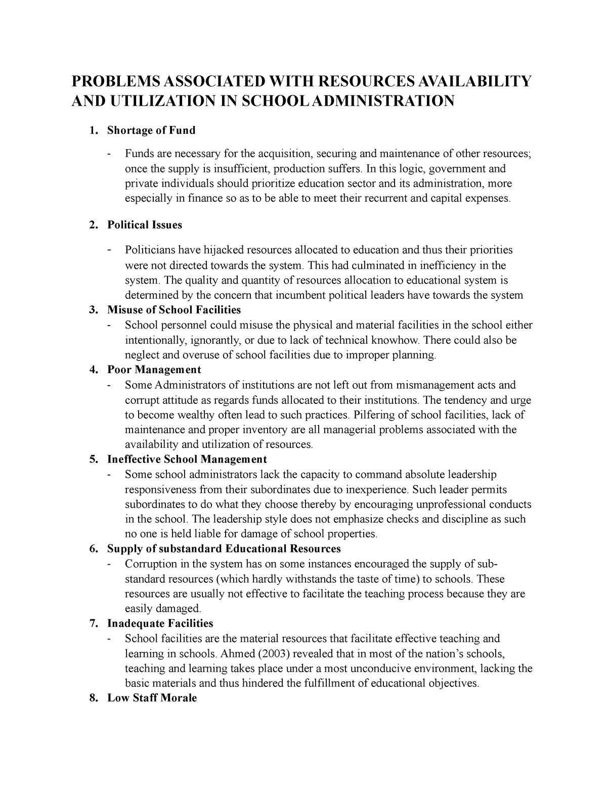 Problems Associated With Resources Availability And Utilization In