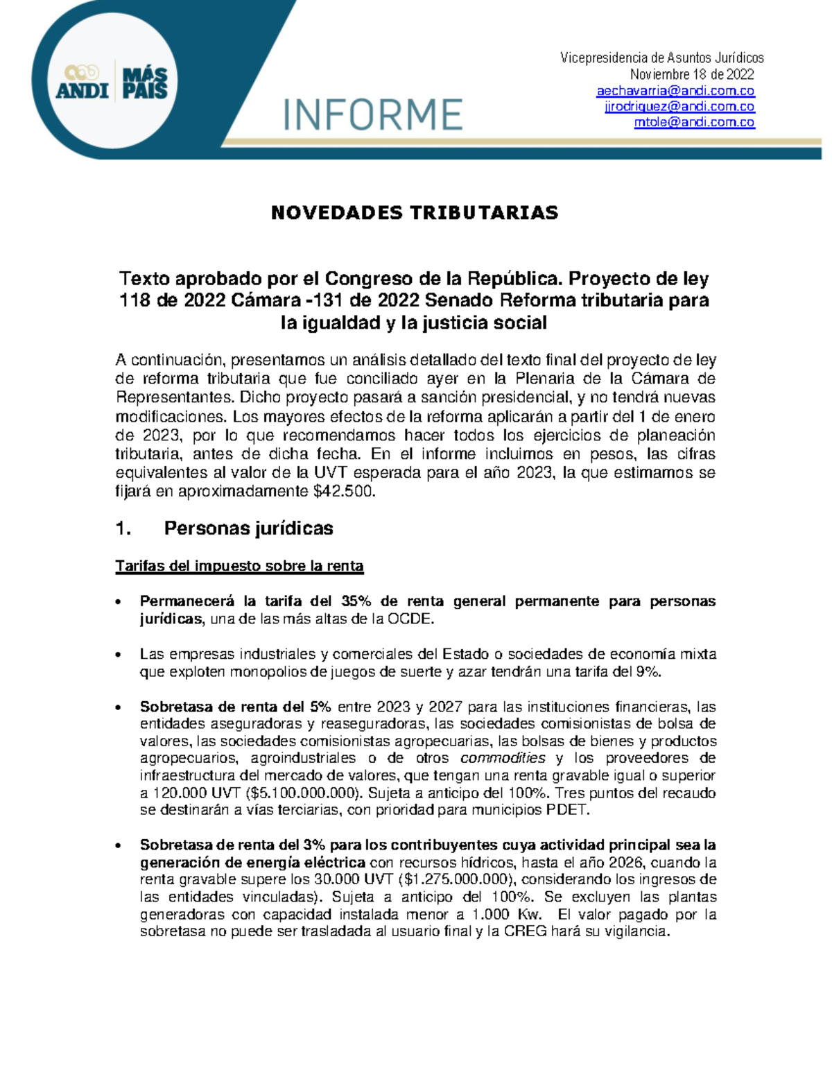 Novedades Tributarias. ANDI-1 - Noviembre 18 De 2022 Aechavarria@andi ...