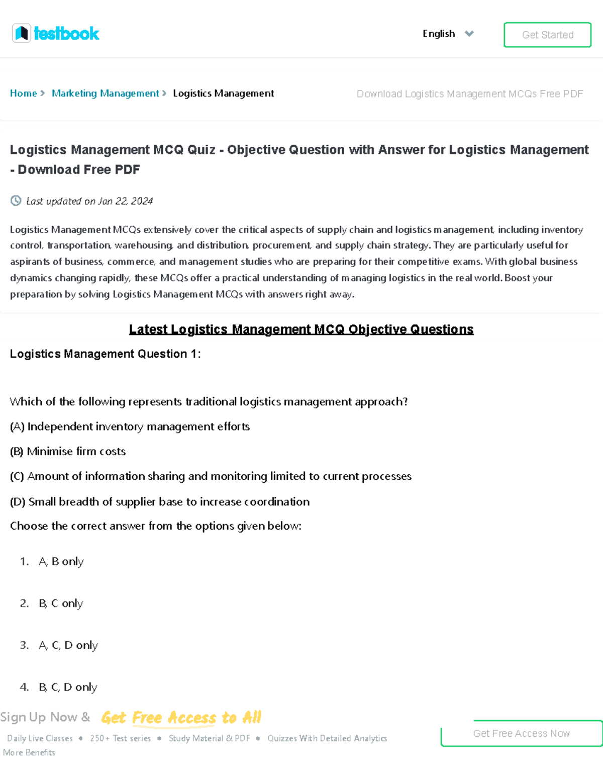 Logistics Management MCQ [Free PDF] Objective Question Answer for