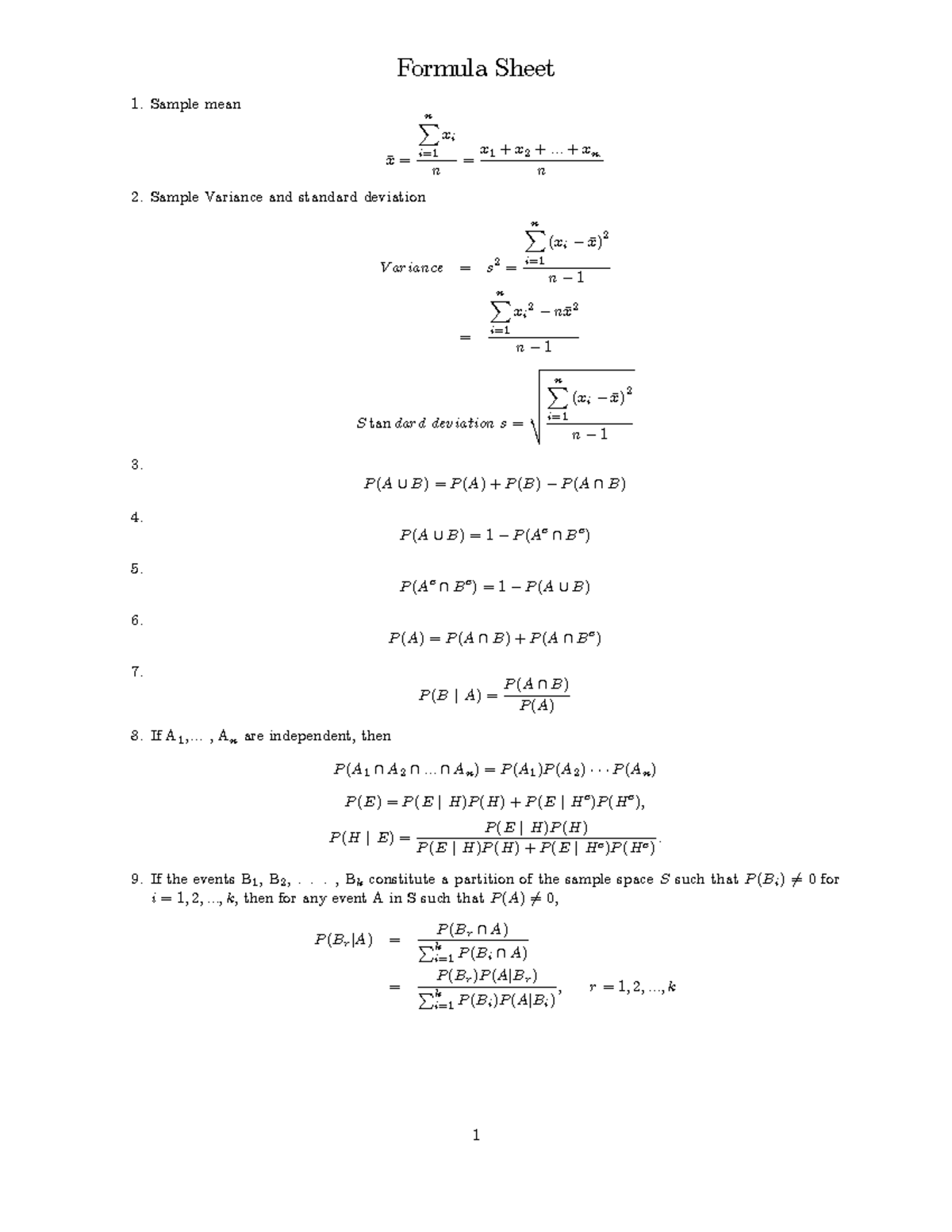 Stat-Formula-sheet - Formulas for STATISTICS - Formula Sheet Sample ...