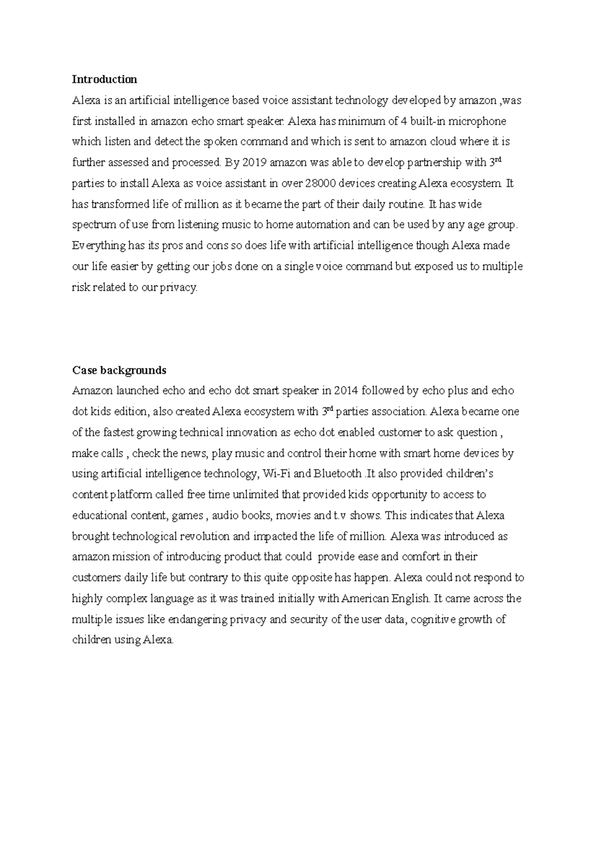 Alexa case - lecture notes for assignment - Introduction Alexa is an ...