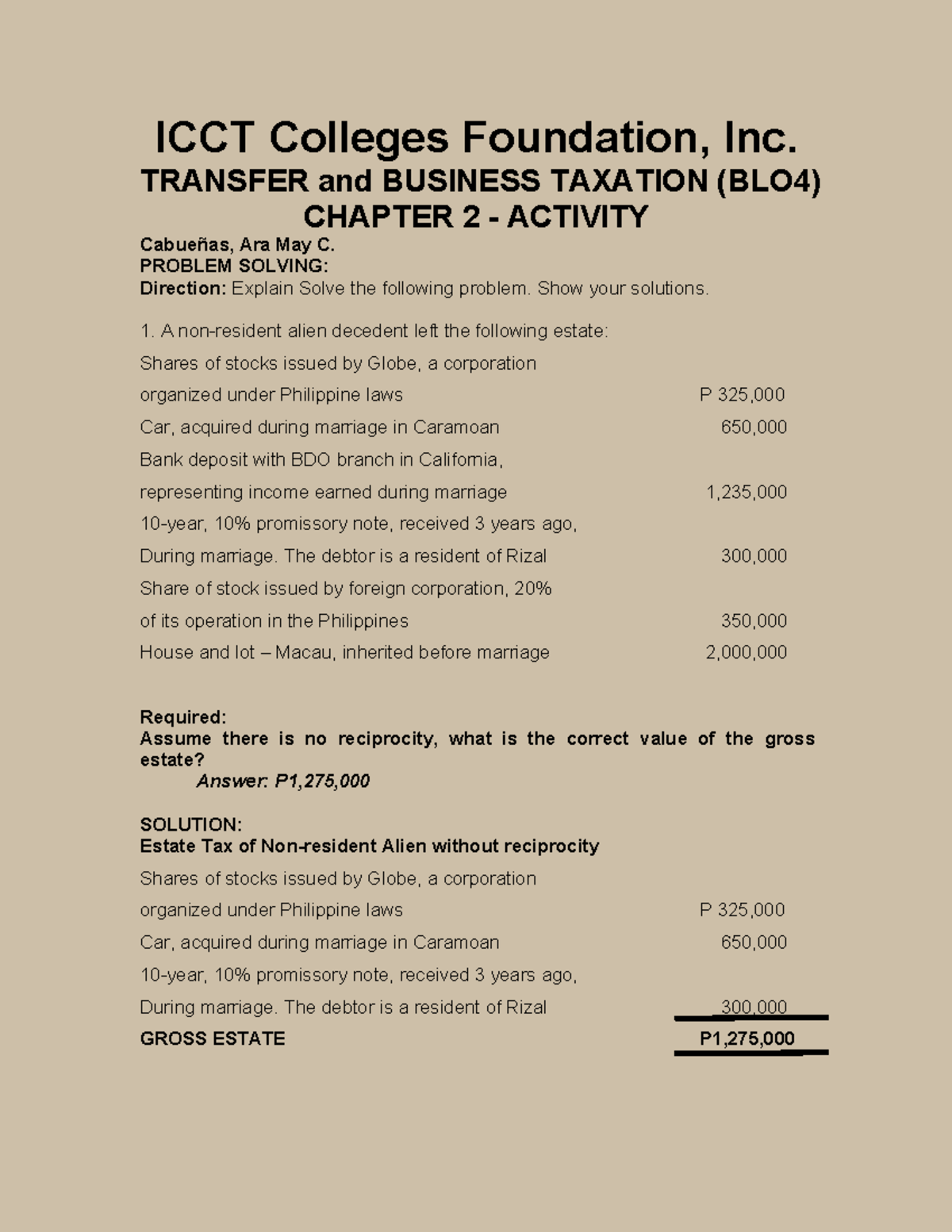 BUSINESS TAX AND TRANSFER TAXATION ICCT Colleges Foundation, Inc