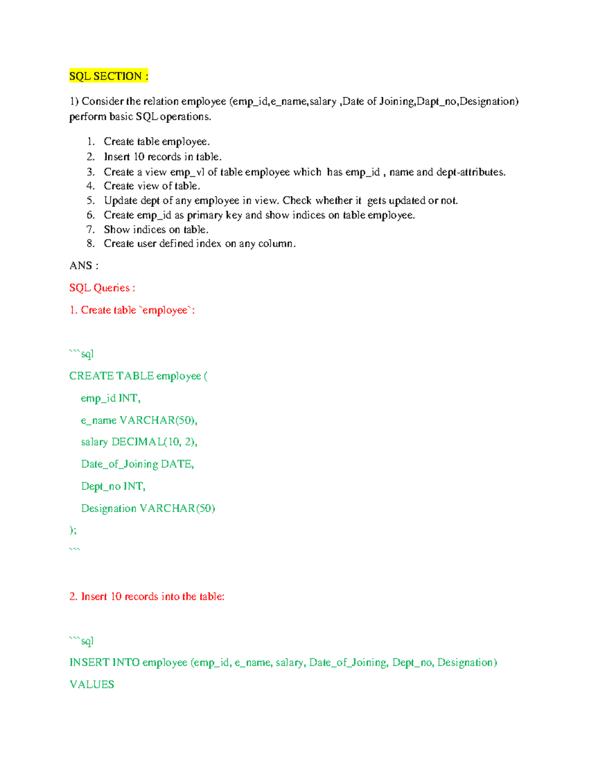 DBMS LAB CODES . - SQL SECTION : Consider the relation employee (emp_id ...