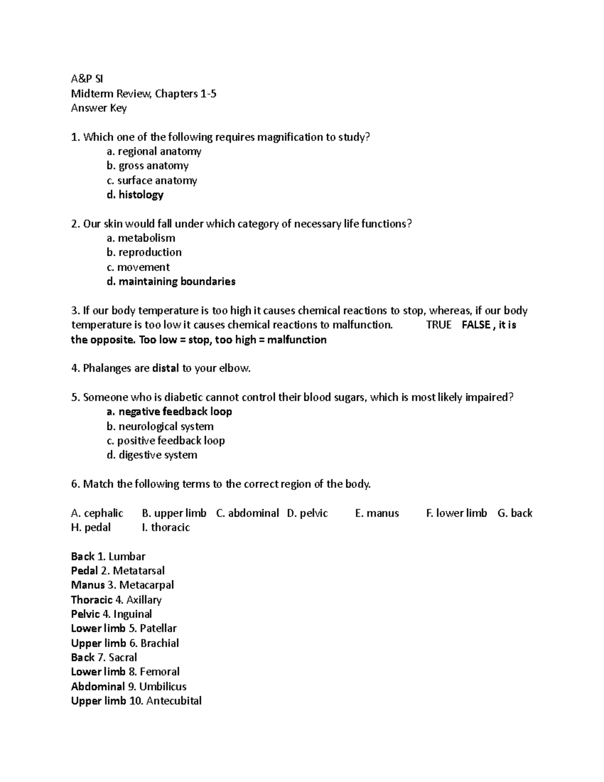 SI Midterm 1 review answer key Student A&P SI Midterm Review