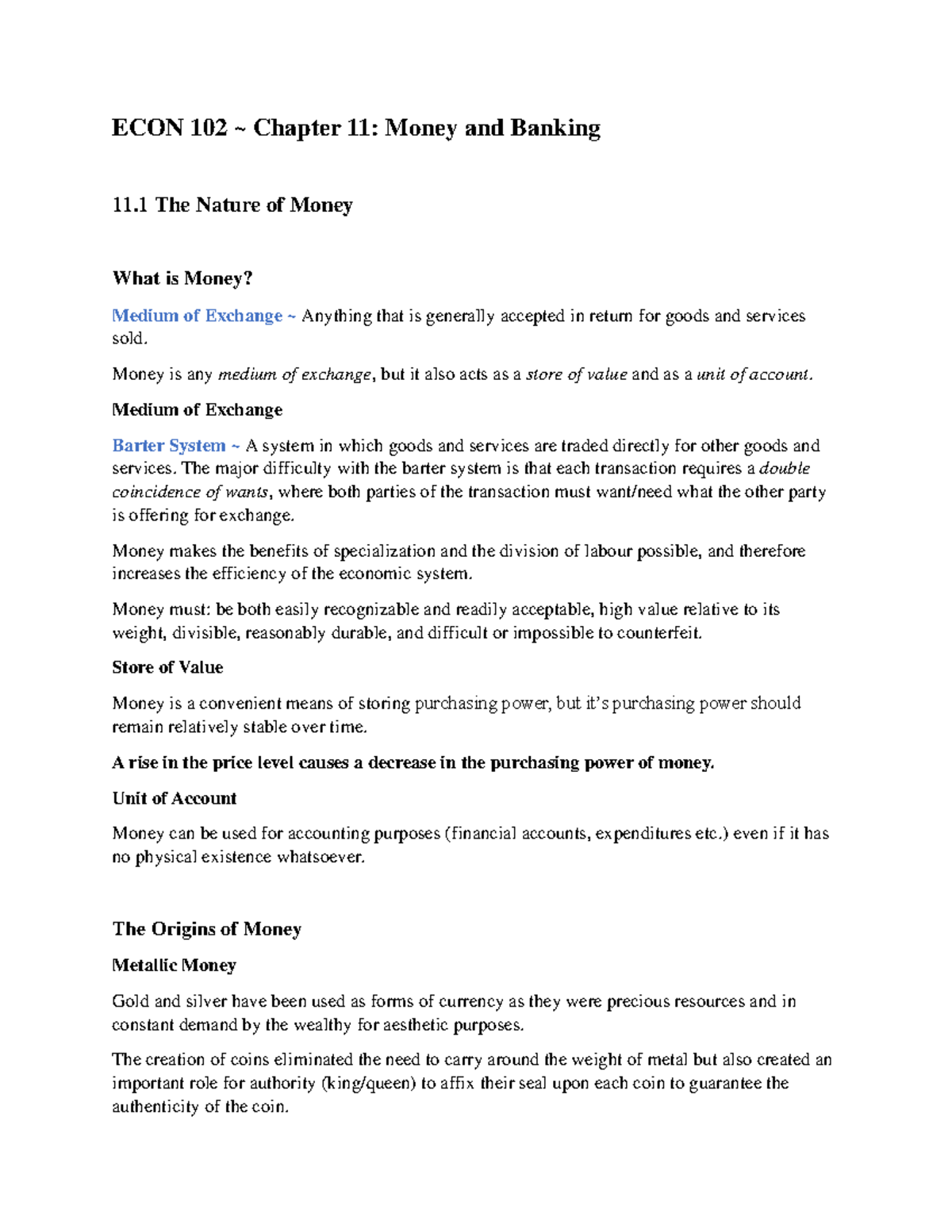ECON102 Chapter 11 ECON 102 Chapter 11 Money and Banking 11 The Nature of Money What is