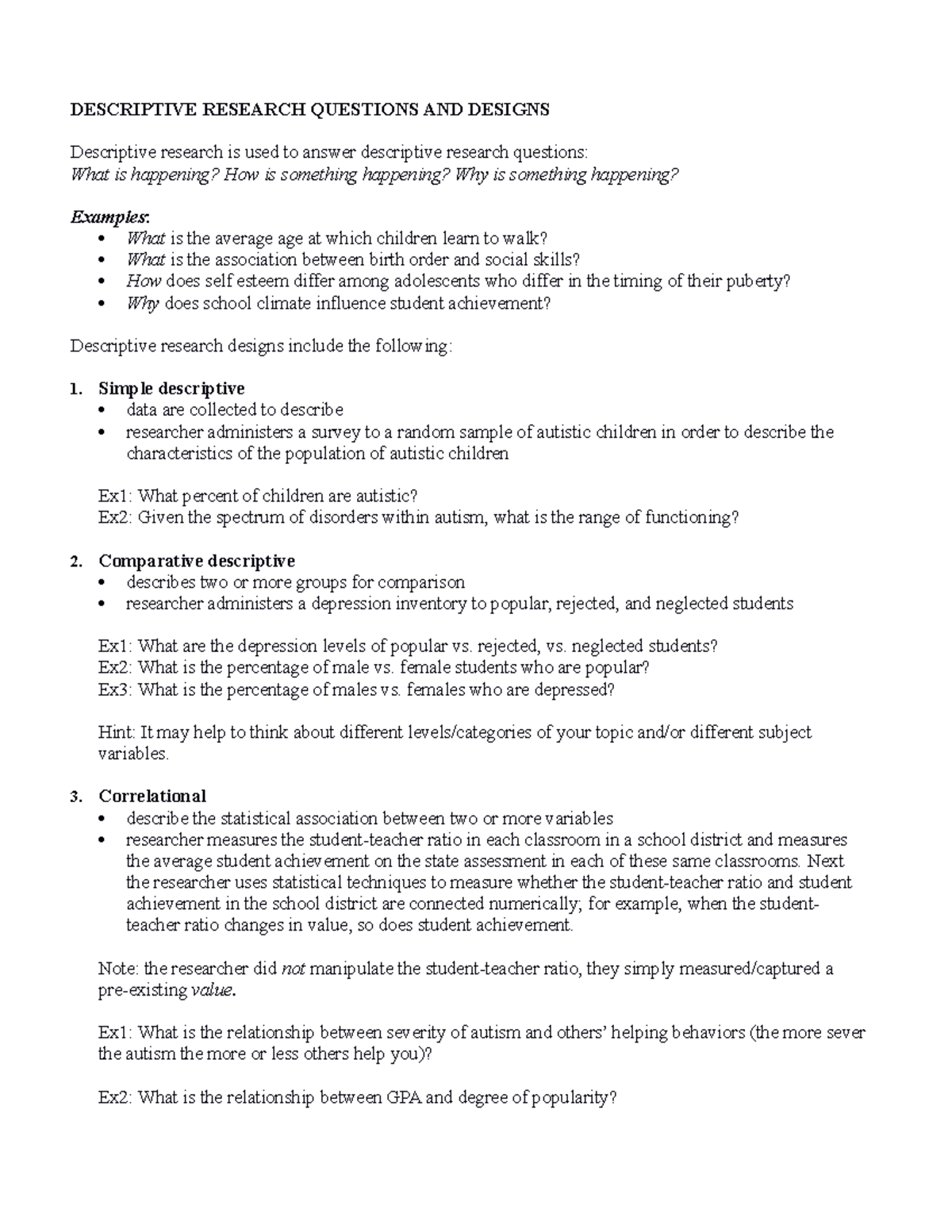 research paper questions DESCRIPTIVE RESEARCH QUESTIONS AND DESIGNS