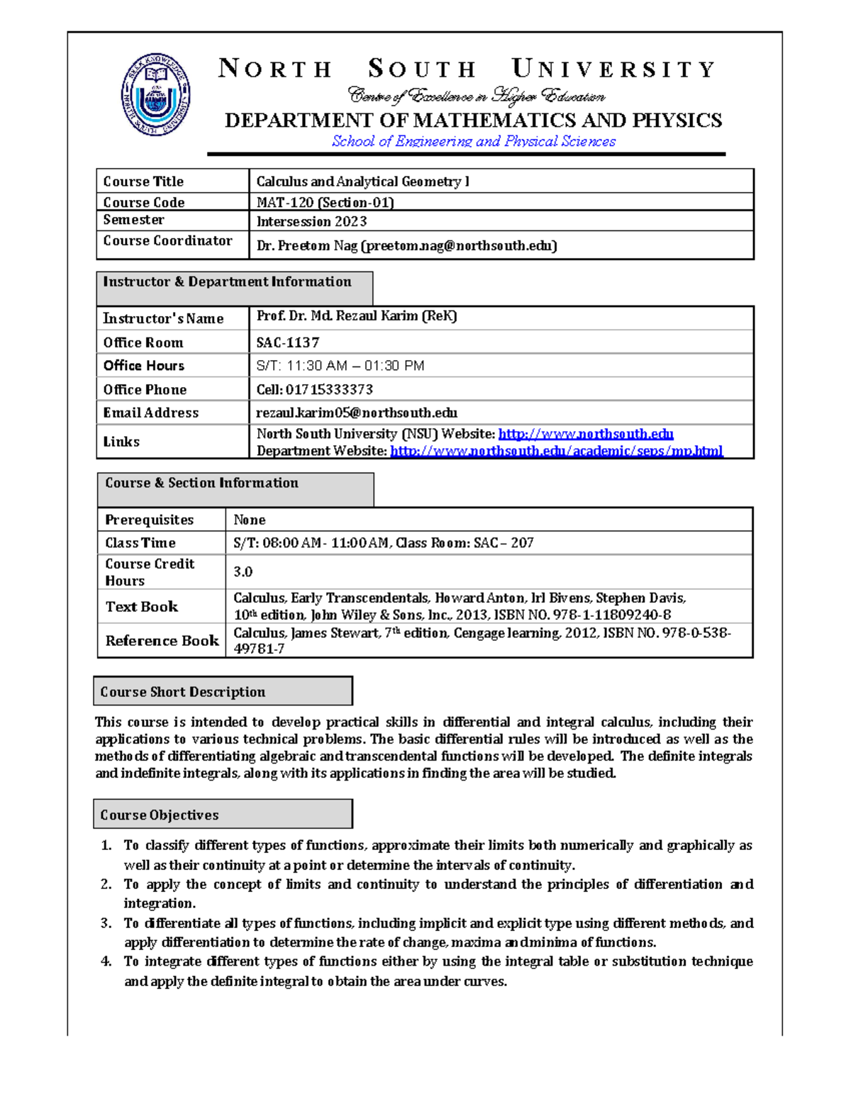 700698439 Course Outline MAT 120 - Course Title Calculus and Analytical ...