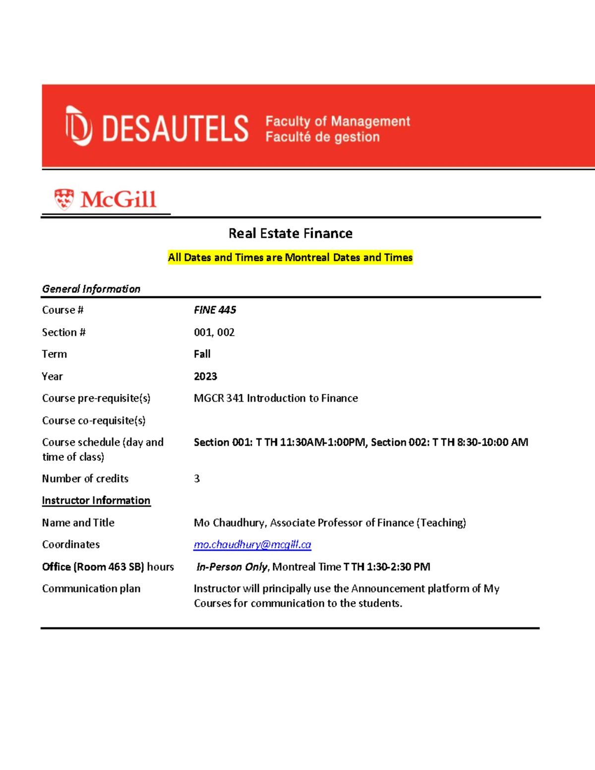 Syllabus Fall 2023 - Real Estate Finance All Dates and Times are ...