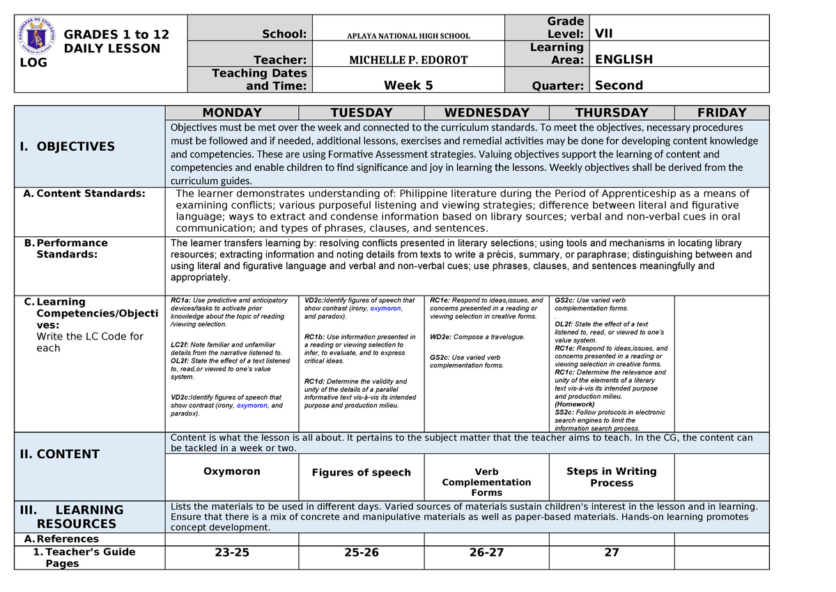 DLL 2nd Quarter Wk5 - GRADES 1 To 12 DAILY LESSON LOG School: APLAYA ...