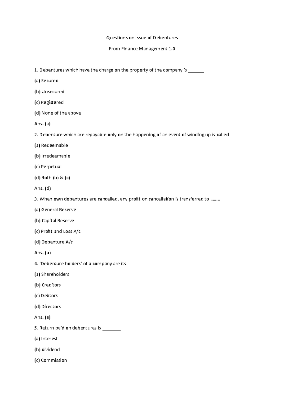 Questions On Issue Of Debentures From Finance Management 1 0