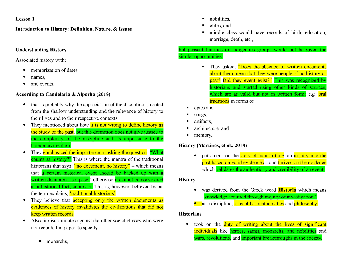 Lesson 1 History reviewer - Lesson 1 Introduction to History ...