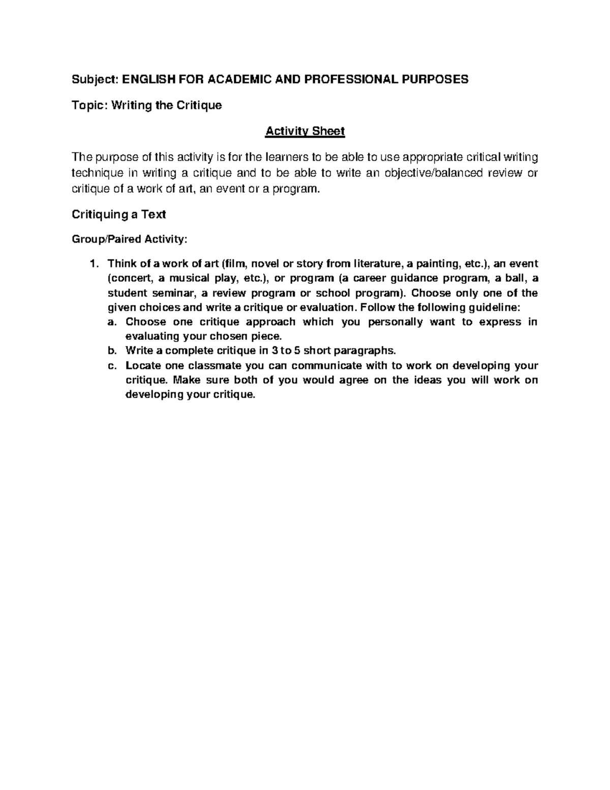 EAPP4 The Purpose Of This Activity Is For The Learners To Be Able To
