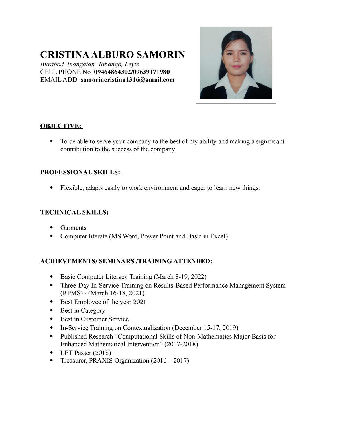 Resume 2023 - none - CRISTINA ALBURO SAMORIN Burabod, Inangatan ...