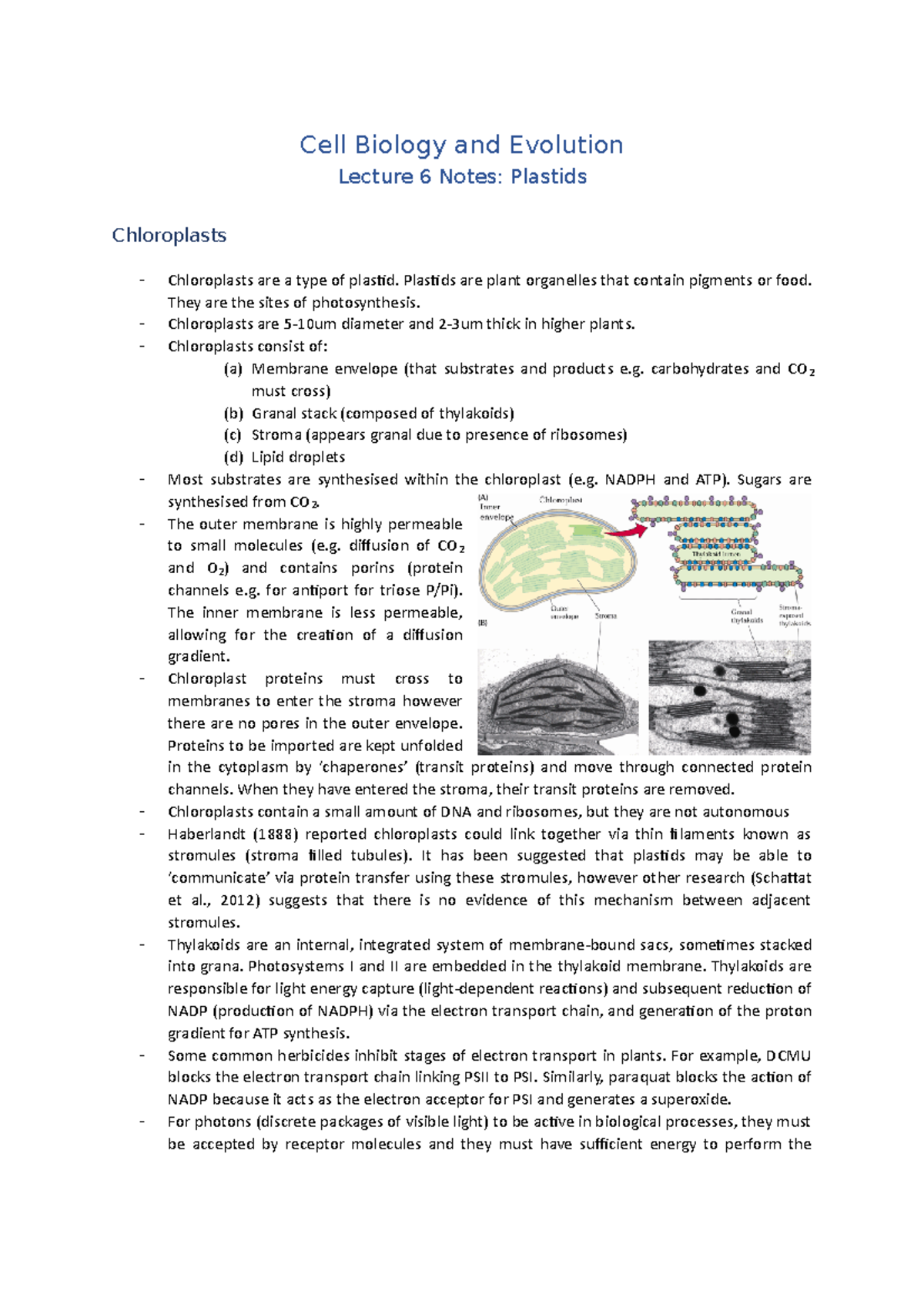 Lecture 6 Notes (Plastids) Cell Biology and Evolution Lecture 6 Notes