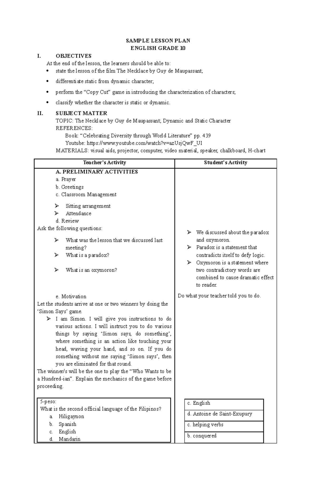 Sample-Lesson-Plan - GOOD - SAMPLE LESSON PLAN ENGLISH GRADE 10 I ...