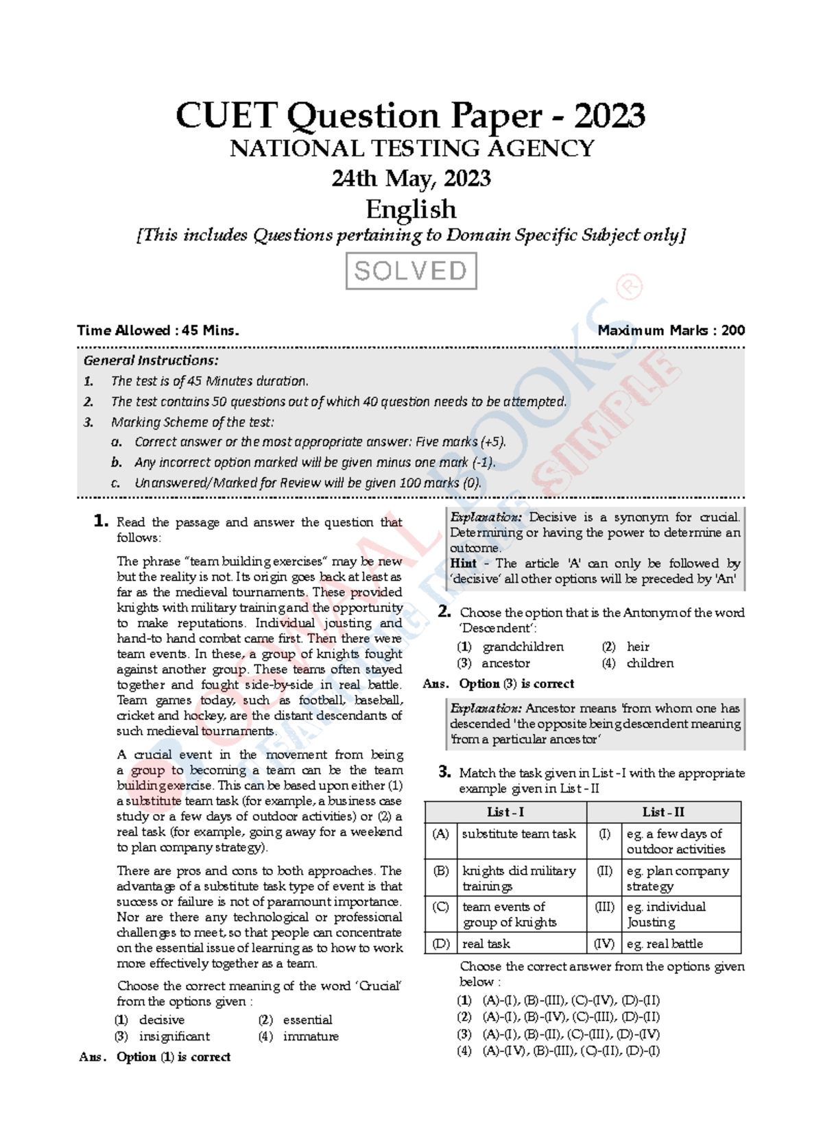 CUET SQP English Paper up - Time Allowed : 45 Mins. Maximum Marks : 200 ...
