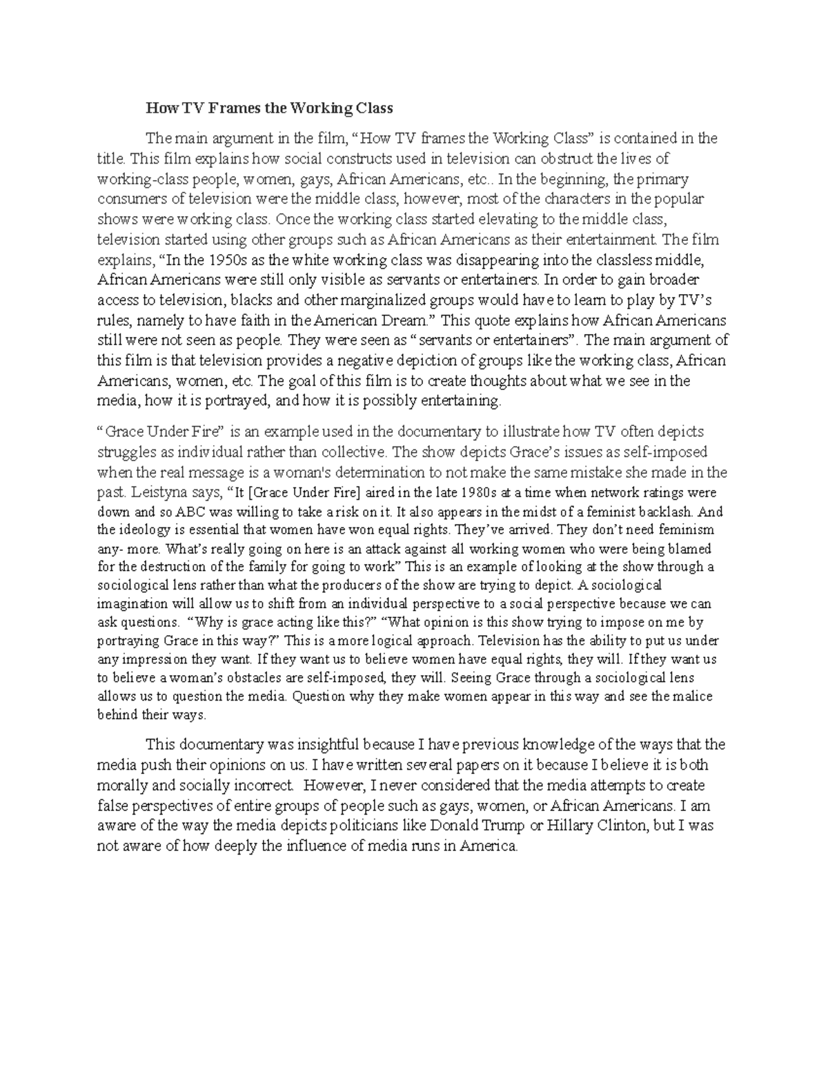 Module 8 Sociology Discussion How TV Frames the Working Class The