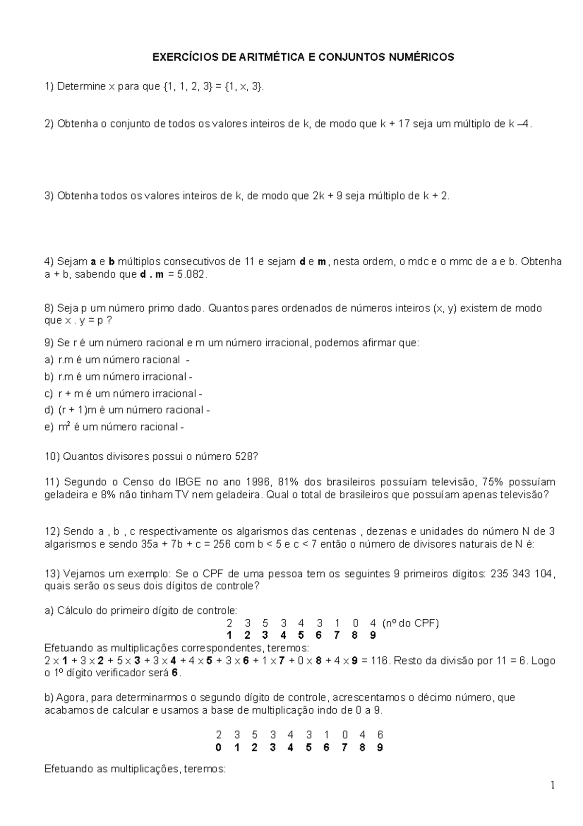 Aritmética E Conjuntos Numéricos ExercÍcios De AritmÉtica E Conjuntos