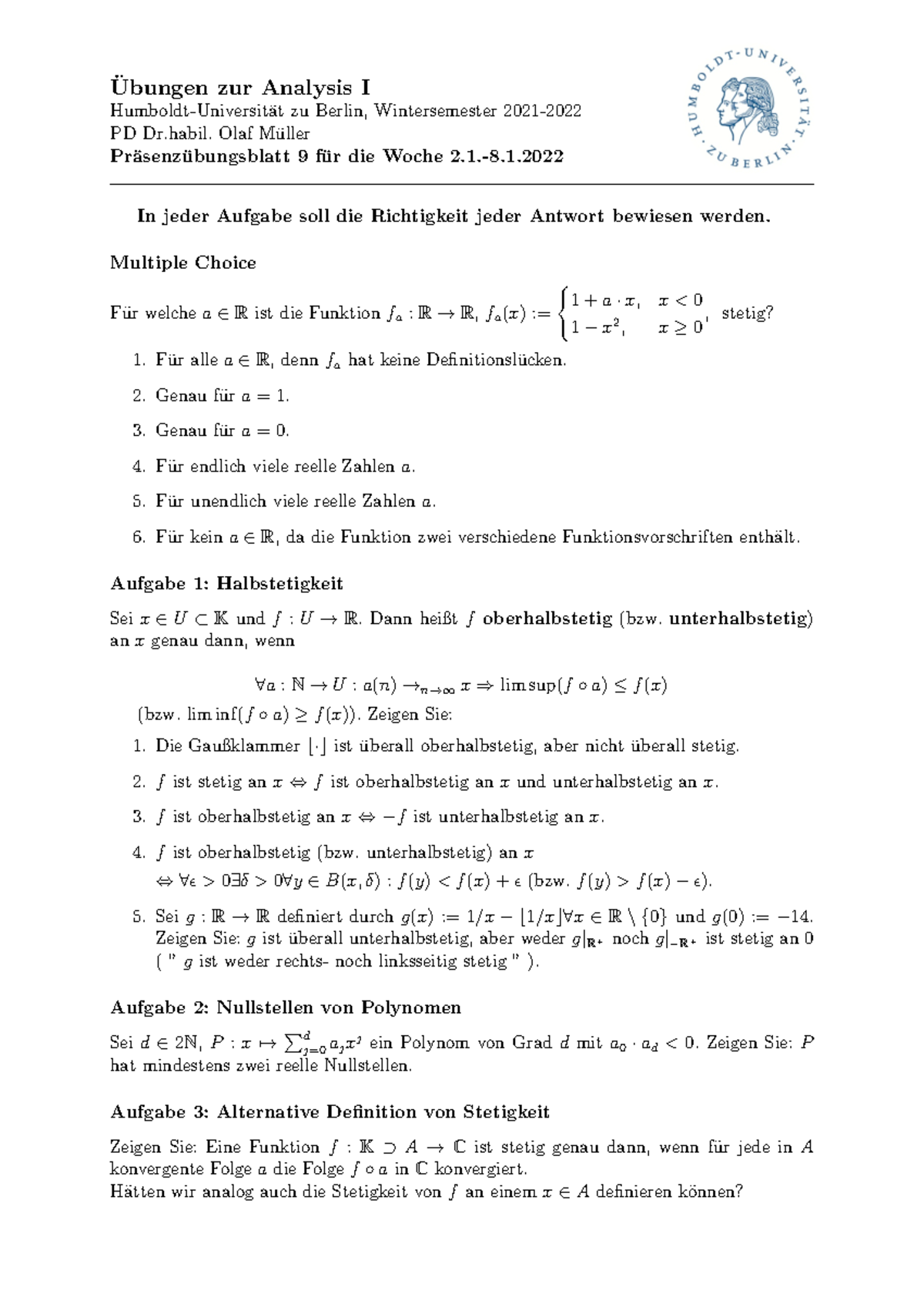 Ana 1 Präsenzblatt 9 Ubungen Zur Analysis I ̈ Humboldt Universit ̈at Zu Berlin Wintersemester