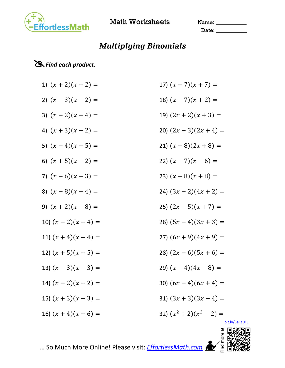 Multiplying Binomials Practice Questions Math Worksheets Name 