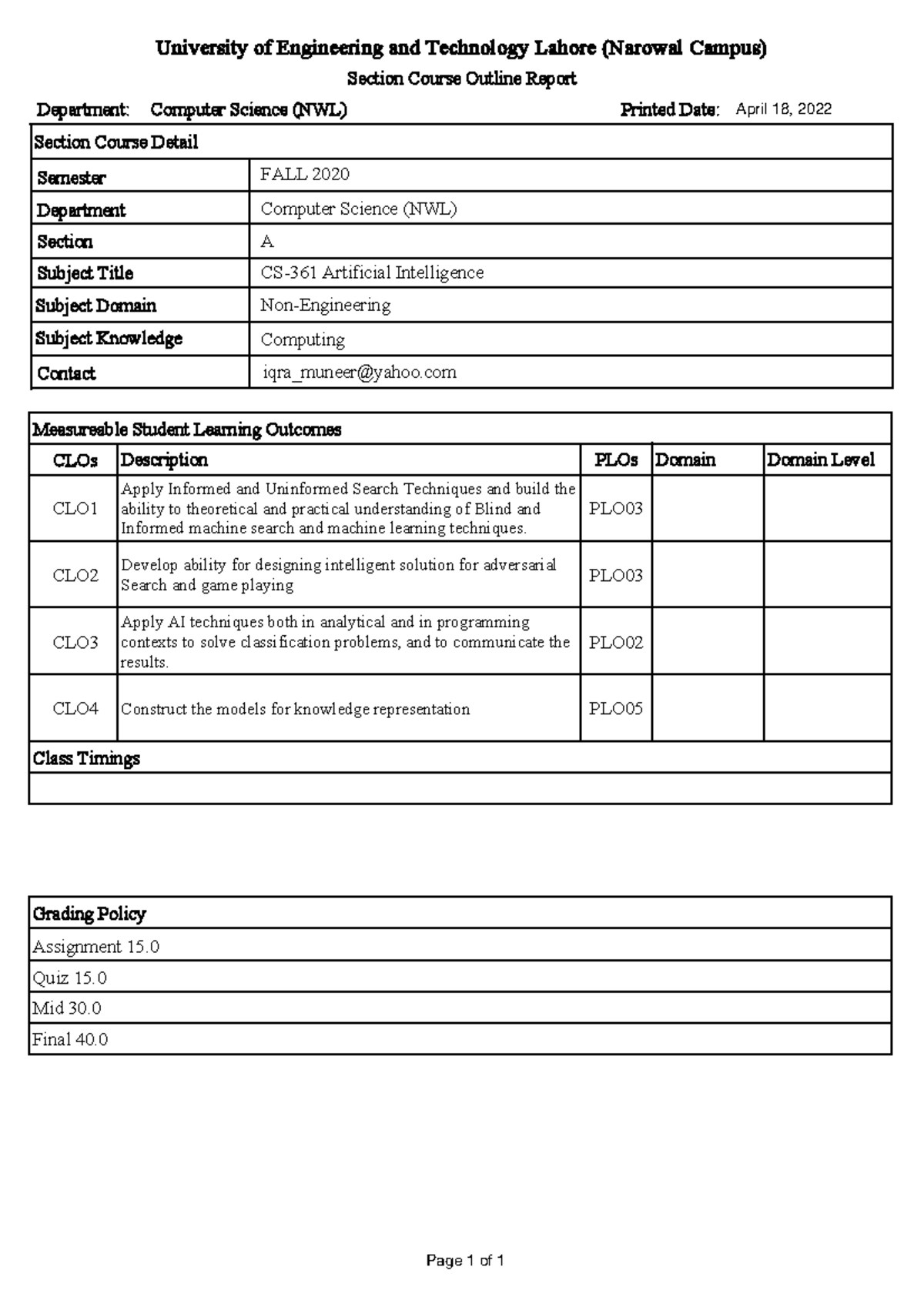 Section Course Outline - University of Engineering and Technology ...