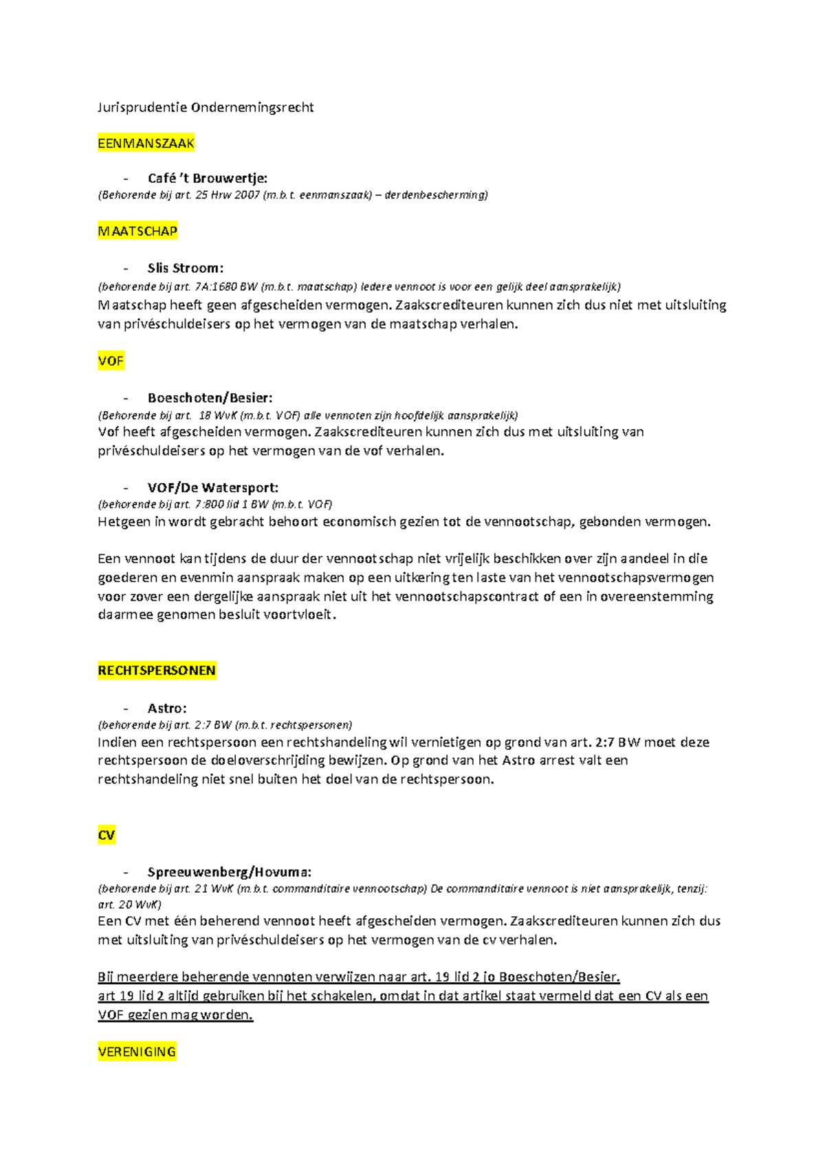 Samenvatting Inleiding Ondernemingsrecht: Verplichte Arresten ...